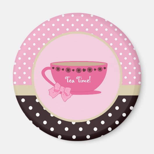 Girly Tee Time Teacup Pink und Brown Polka Dot Bow Magnet (Vorne)