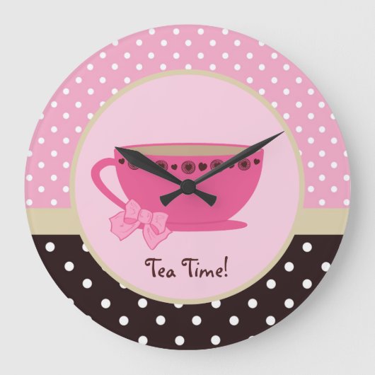 Girly Tee-Zeitteacup-Rosa und Brown-Tupfen-Bogen Große Wanduhr (Vorderseite)