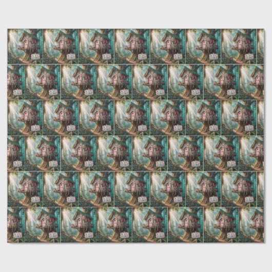 Girly Treehouse mit sonnigen Zeichen im Wald Geschenkpapier (Flach)