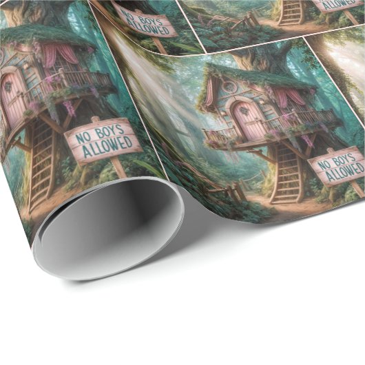 Girly Treehouse mit sonnigen Zeichen im Wald Geschenkpapier (Rolleneckpunkt)