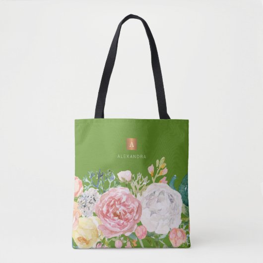Girly trendy Aquarell floral Monogram Tasche (Vorderseite)