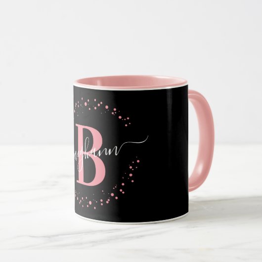 Girly Trendy Pink Black Name Monogram Script Coffe Tasse (VorderseiteRechts)