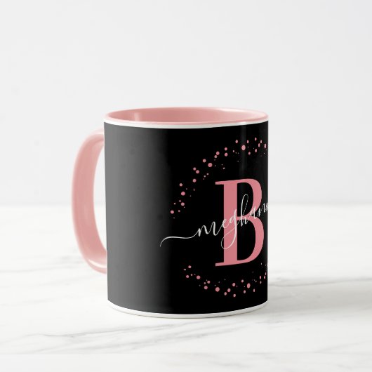 Girly Trendy Pink Black Name Monogram Script Coffe Tasse (Vorderseite Links)