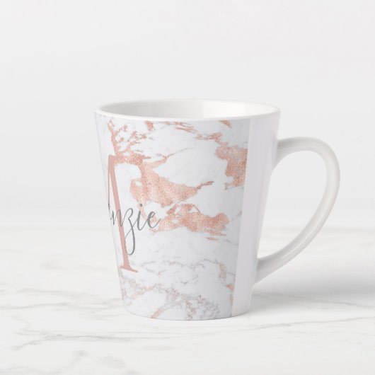 Girly Trendy Rose Gold Foil Marmor Monogram Milchtasse (Rechts)