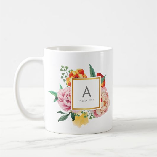 Girly TRENDY Watercolor Peony Blume Monogram Kaffeetasse (Links)