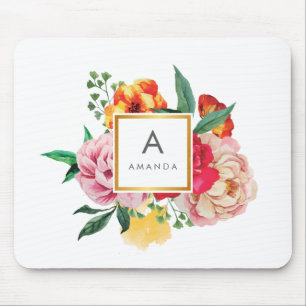 Girly TRENDY Watercolor Peony Blume Monogram Mousepad