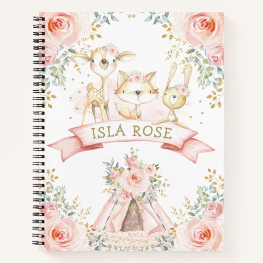 Girly Tribal Woodland Tiere Blush Gold Floral Notizblock (Vorderseite)