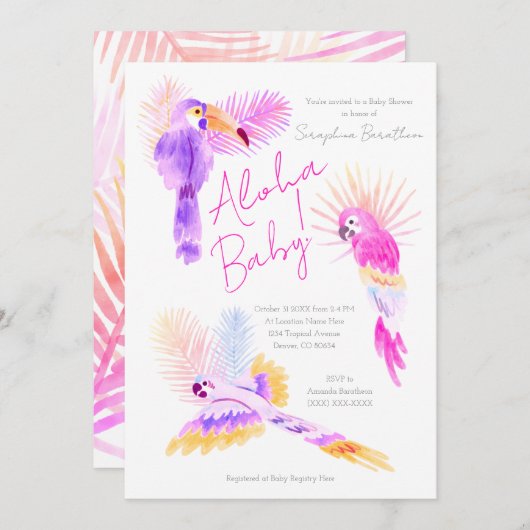Girly Tropical Parrots Hawaiian Aloha Babydusche Einladung (Vorne/Hinten)