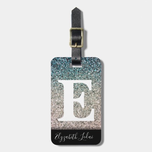 Girly Turquoise Blue Silver Ombre Glitzer Glitzern Gepäckanhänger (Vorderseite vertikal)