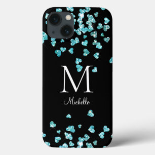 Girly Turquoise Glitzer Hearts Monogram Case-Mate iPhone Hülle
