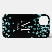 Girly Turquoise Glitzer Hearts Monogram Case-Mate iPhone Hülle (Rückseite (Horizontal))