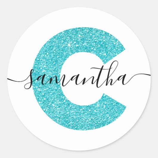 Girly Turquoise Glitzer Letter C Monogram Runder Aufkleber (Vorderseite)
