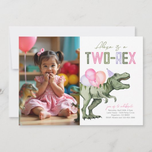 Girly Two-Rex Dinosaur zum Geburtstag Einladung (Vorderseite)
