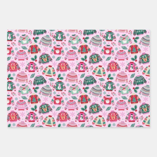 Girly Ugly Sweater Pink, Rot und Grün Weihnachten Geschenkpapier Set (Vorderseite 3)