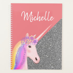 Girly Unicorn Glitzer Pink Silver Personalisiert Planer