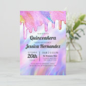 Girly Unicorn Holographic Glitzer Tropfen Quinceañ Einladung (Stehend Vorderseite)