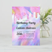 Girly Unicorn Holographic Glitzer Tropfens Birthda Einladung (Stehend Vorderseite)
