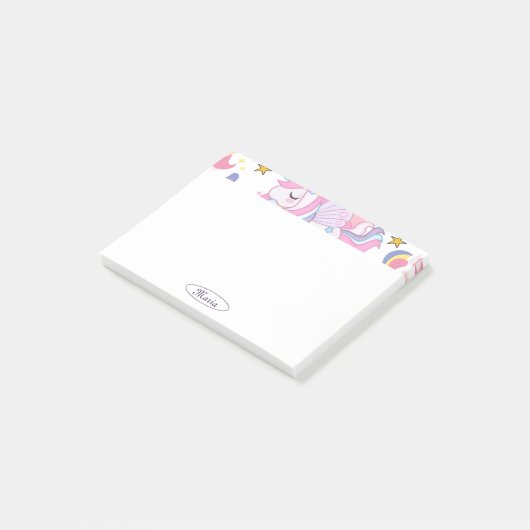 Girly Unicorn Rainbow Stars Individuelle Name Post-it Klebezettel (angewinkelt)