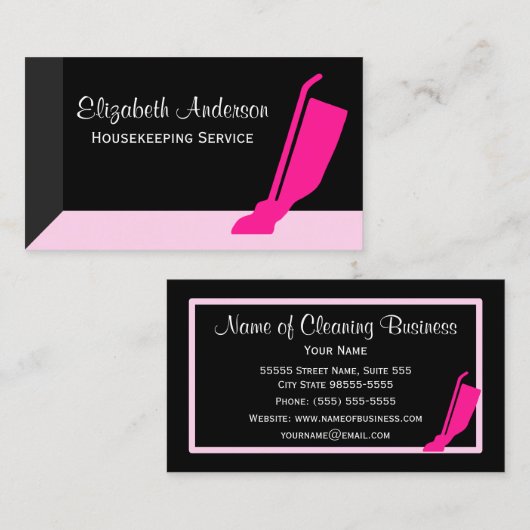 Girly Vacuum Pink und Black Housekeeping Service Visitenkarte (Vorne/Hinten)