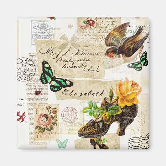 Girly Vintag Ephemera Fashion Collage mit Namen Magnet (Vorne)