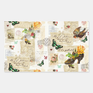 Girly Vintag Ephemera Fashion Collage mit Namen Rechteckiger Aufkleber