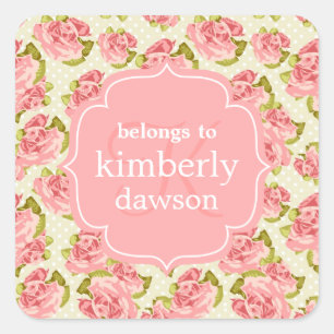 Girly Vintage rosa Rosen mit Monogramm Quadratischer Aufkleber