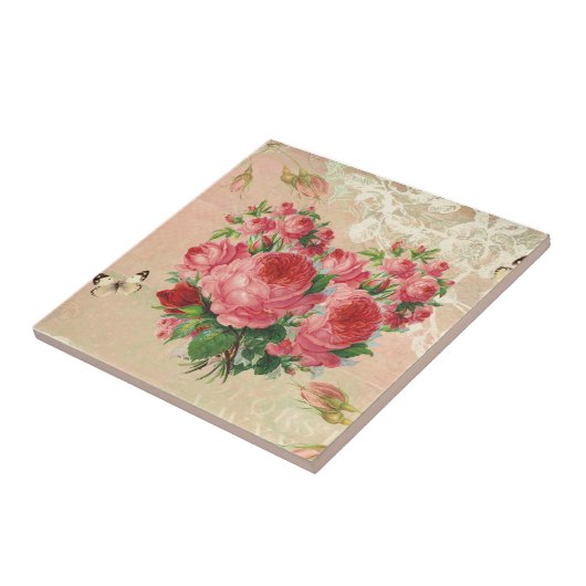 Girly Vintage Rosen-Herz-Collage Fliese (Seite)