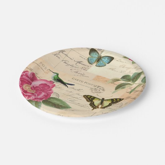 Girly Vintager PapierTeller mit Vögeln u. (Schrägansicht)