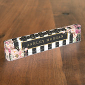 Girly Vintages Blumen mit GoldSchwarz-weißen Namensplakette (Seite)