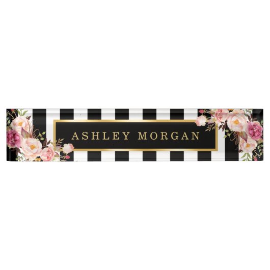Girly Vintages Blumen mit GoldSchwarz-weißen Namensplakette (Vorderseite)