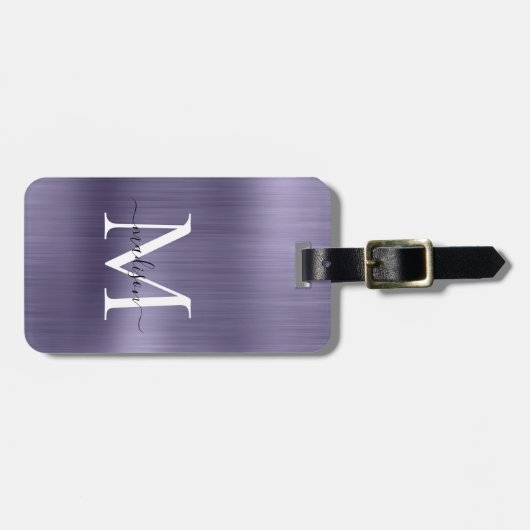 Girly Violet Brushed Metal Script Monogram Glam Gepäckanhänger (Vorderseite horizontal)