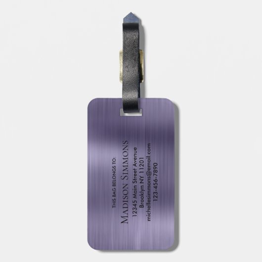 Girly Violet Brushed Metal Script Monogram Glam Gepäckanhänger (Rückseite vertikal)