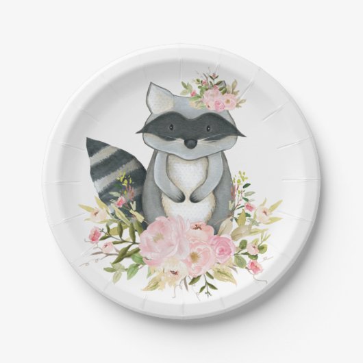 Girly WaldWaschbär-Rosa-Blumenwalddusche Pappteller (Vorderseite)