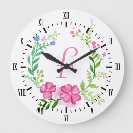 Girly Watercolor Blume Wreath & Initial Letter Große Wanduhr (Vorderseite)