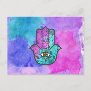 Girly Watercolor Floral Print Hamsa Hand Fatima Postkarte