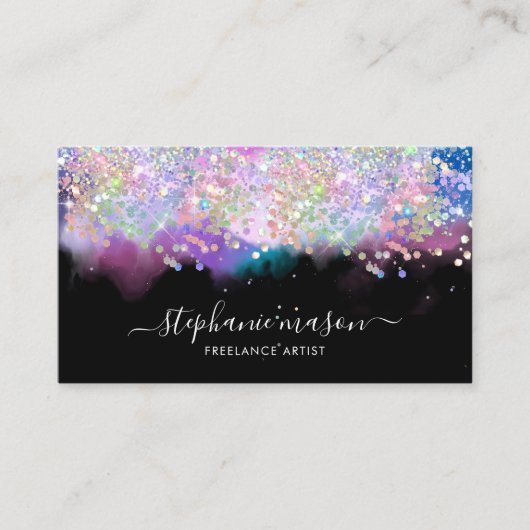 Girly Watercolor Holographic Glitzer Black Telefonnummerkarte (Vorderseite)