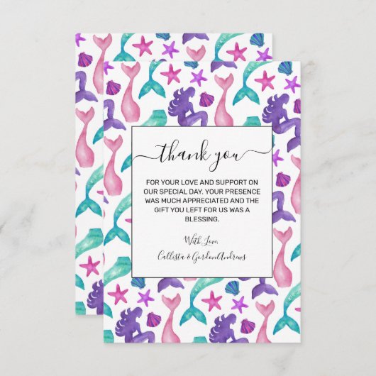 Girly Watercolor Mermaids Tales Seashells Pattern Dankeskarte (Vorne/Hinten)