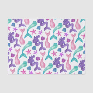 Girly Watercolor Mermaids Tales Seashells Pattern Seidenpapier