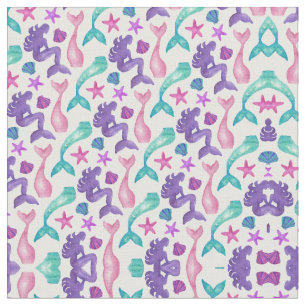 Girly Watercolor Mermaids Tales Seashells Pattern Stoff