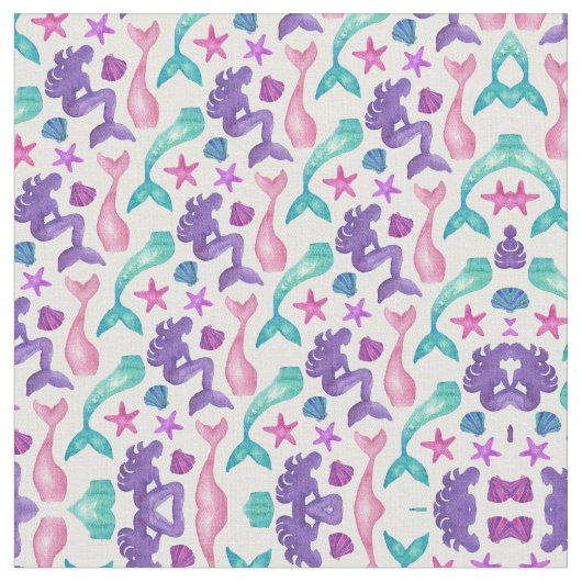 Girly Watercolor Mermaids Tales Seashells Pattern Stoff (Nahaufnahme)