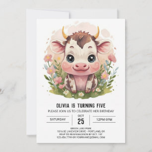 Girly Watercolor Niedliche Kuh Geburtstag Einladung
