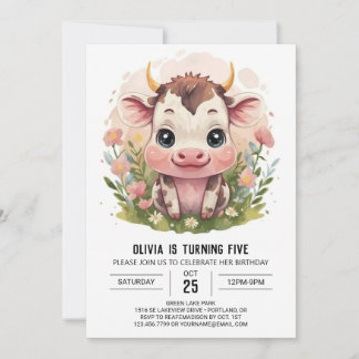Girly Watercolor Niedliche Kuh Geburtstag Einladung