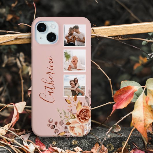 Girly Watercolor Rose 3-Foto & Name Case-Mate iPhone Hülle