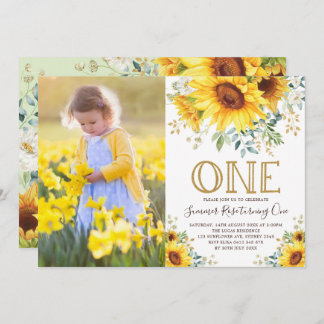 Girly Watercolor Sonnenblume 1. Geburtstag Foto Einladung