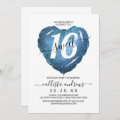 Girly White Blue Glitzer Herzballon Sweet 16 Einladung (Vorne/Hinten)