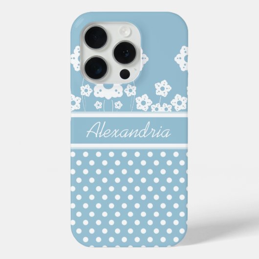 Girly White Blume und Polka Dots on Light Blue Case-Mate iPhone Hülle (Rückseite)