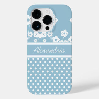 Girly White Blume und Polka Dots on Light Blue Case-Mate iPhone Hülle
