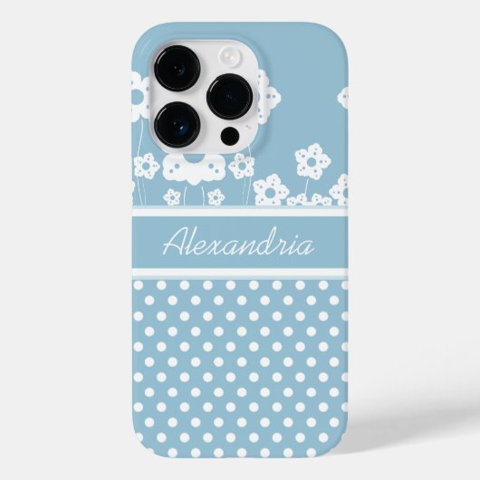 Girly White Blume und Polka Dots on Light Blue Case-Mate iPhone Hülle (Rückseite)