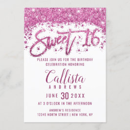 Girly White Bright Pink Glitzer Dust Sweet 16 Einladung
