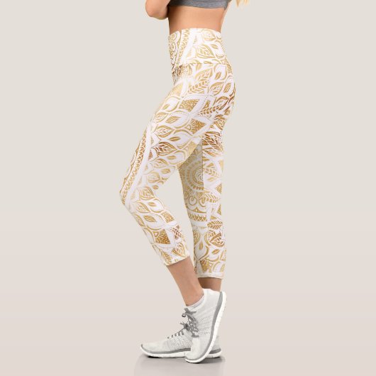 Girly White Gold Mandala Floral Capri Leggings (Links)